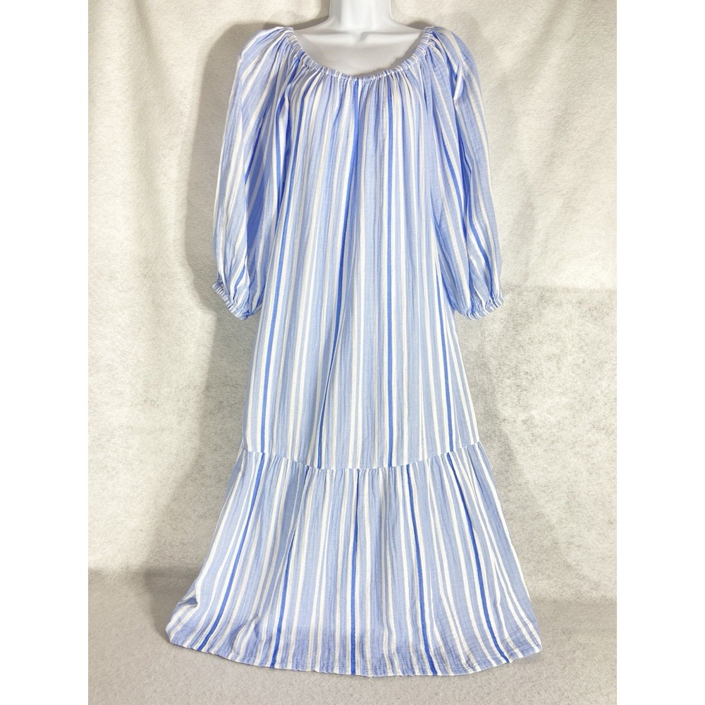 Tommy Bahama Island Gauze Dress Women's Medium Blue Shift Midi Striped Chic